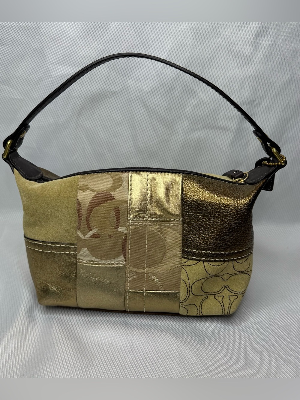 Vintage Coach Small Gold Tone / Beige Patchwork Shoulder Bag Purse